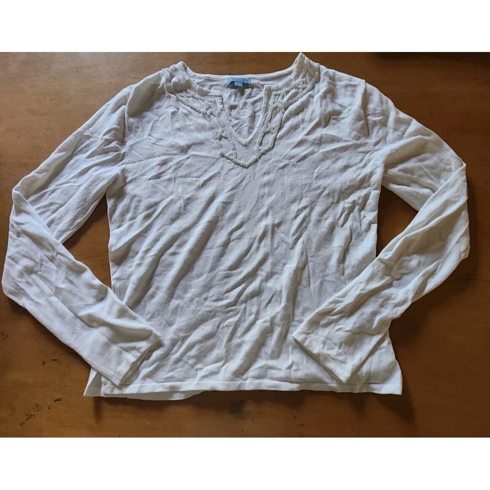 J McLaughlin White Long Sleeve Beaded V-neckline Top‎ Size 8